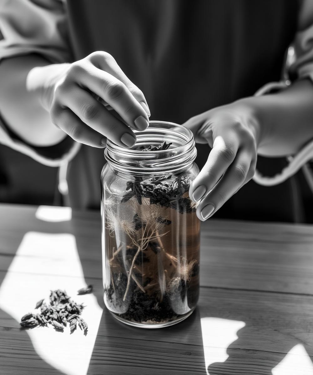 Hands placing dried herbs into a glass infusion jar