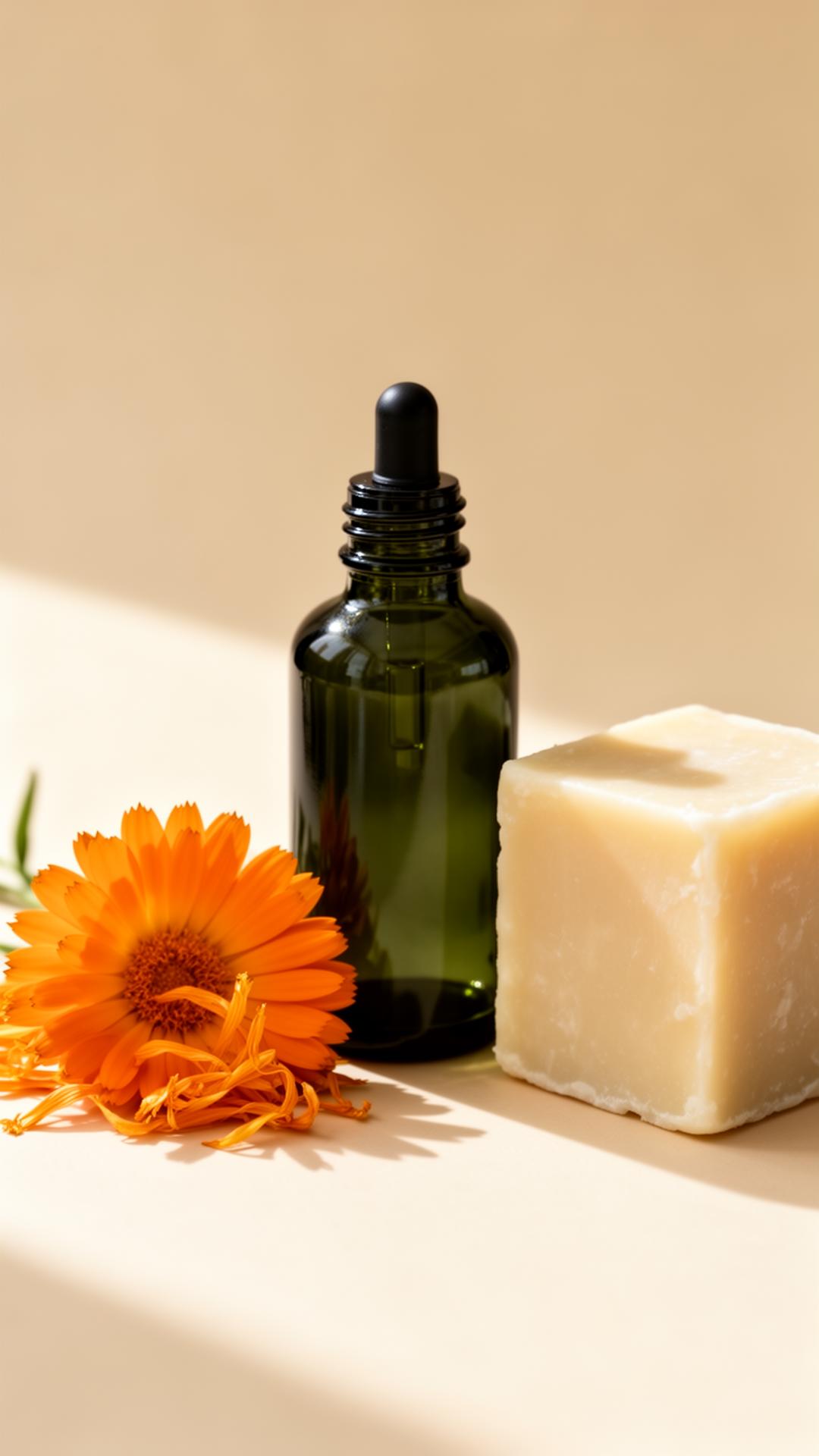 A dark glass apothecary bottle beside calendula petals and shea butter