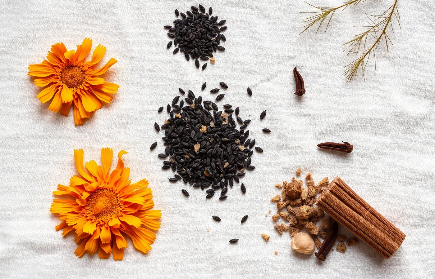 Botanical ingredients laid out on linen