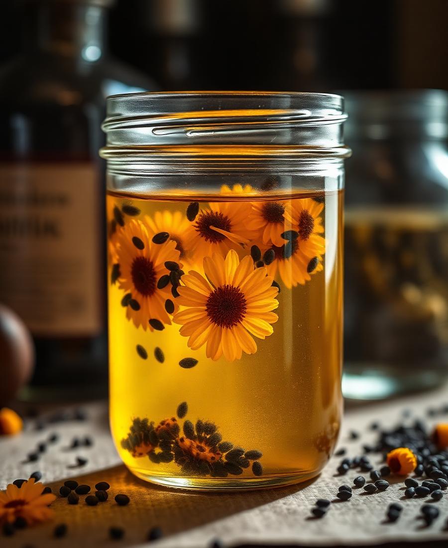 Calendula petals steeping in golden oil